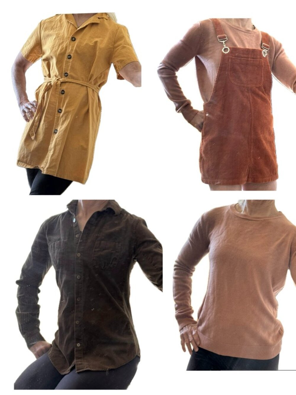 4 Tops: Shirtdress, Sweater, Blouse, Overall Skirt. Warm Colors Sz XS-S